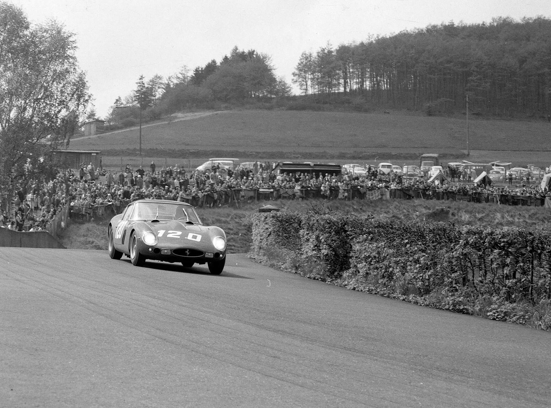 Chassis no. 3765, race #120, driven by Mike Parkes and Willy Mairesse during the Nürburgring 1000 kms at Nürburgring on 27 May 1962.